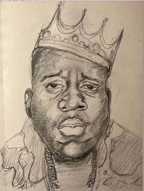 notorious BIG, rappers, rapper art, B.I.G., black man, crown, pencil art, black and white art, angelchiart Man Sketch, Rapper Art, Notorious Big, Black And White Art, Art Black And White, Art Drawings Sketches Creative, Black Man, Art Inspiration Drawing, Art Black