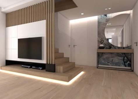 Stairs Behind Tv Wall, Stairs Behind Wall, Tv Staircase Wall, Under Stair Tv Unit Design, Tv Wall Design Under Staircase, Tv On Staircase Wall, Tv Under Stairs Living Room, Tv Under Stairs, Living Room With Stairs Layout