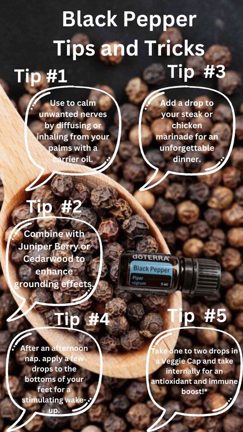 Wondering how to use Black Pepper health food ? This spicy essential oil can be used in your recipes for concentrated flavor or in your diffuser to promote calm, grounded feelings. ...less Black Pepper Essential Oil Blends, Black Pepper Essential Oil, Essential Oil Diffuser Blends Recipes, Diffuser Recipes, Essential Oil Diffuser Blends, Oil Diffuser Blends, Diffuser Blends, Natural Home Remedies, Carrier Oils