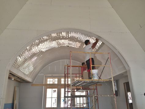 Barrel-vaulted Kitchen ceiling: 3x6 subway tile. Barrel Ceiling Lighting Ideas, Curved Vaulted Ceiling, Subway Tile Ceiling, Barrel Vault Ceiling Hallway, Barrel Ceiling Kitchen, Vault Ceiling Kitchen, Barrel Ceiling Ideas, Barrel Vaulted Ceiling, Vaulted Kitchen