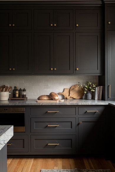 undefined Dark Grey Brown Kitchen Cabinets, Black Kitchen Base Cabinets, White Kitchen Cabinets With Black Granite, Peppercorn Cabinets Kitchens, Black Cabinets Black Countertops, Dark Gray Bathroom Cabinets, Charcoal Cabinets Kitchen, Dark Grey Cabinets Kitchen, Dark Cabinet Colors