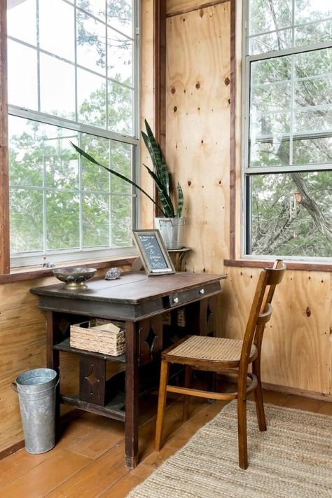 DIY Off-Grid Eco Cabin Getaway in Texas Writing Cabin, Self Sufficient Homestead, Eco Cabin, Cabin Getaway, Vintage Writing Desk, Used Solar Panels, Tiny House Talk, Old Home Remodel, 40 Acres