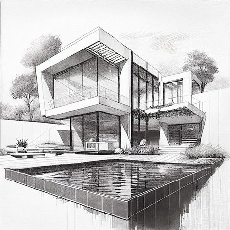 Buildings Sketch Architecture, Simple House Drawing, Interior Architecture Sketch, House Design Drawing, Villa Architecture, Architecture Drawing Sketchbooks, Perspective Drawing Architecture, Architecture Drawing Plan, Interior Design Renderings