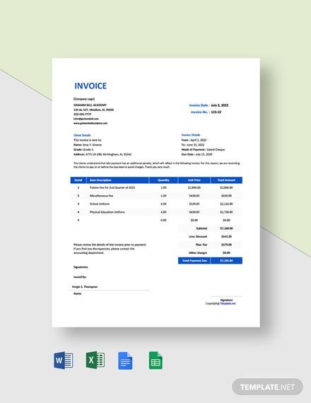 Instantly Download Free Sample School Invoice Template, Sample & Example in Microsoft Word (DOC), Microsoft Excel (XLS), Google Docs, Apple (MAC) Pages, Google Sheets (SPREADSHEETS), Apple (MAC) Numbers Format. Available in US sizes. Quickly Customize. Easily Editable & Printable. Quotation Template, Quotation Format, Building Quotes, Google Spreadsheet, School Template, Docs Templates, School Fees, About School, Quote Template