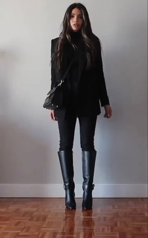 London Classy Outfit, Black Leather Boots Work Outfit, Black Boots Office Outfit, Black Outfit Red Shoes, Elegant Date Night Outfit Winter, Black Boots Work Outfit, Long Boots Outfit Winter Knee Highs, Black Riding Boots Outfit, Layers Clothing