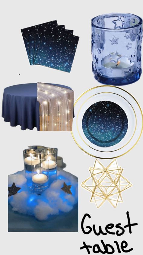 Starry Table Decor, Starry Night Banquet, Written In The Stars Party Theme, Starry Night Theme Party Decorations, Night Court Themed Party, Space Themed Table Centerpieces, Celestial Party Decor, Starry Night Party Decorations, Galaxy Centerpiece Ideas