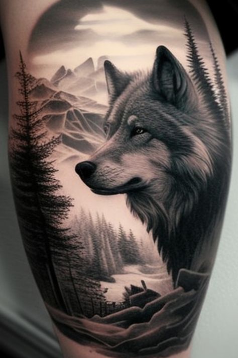 Sleeve Wolf Tattoo Ideas for Men Wolf Tattoo Side Profile, Wolf Tattoo Ideas For Men, Wolf Pack Tattoo, Watercolor Wolf Tattoo, Howling Wolf Tattoo, Wolf Tattoo Ideas, Tattoo Ideas For Guys, Geometric Wolf Tattoo, Watercolor Wolf