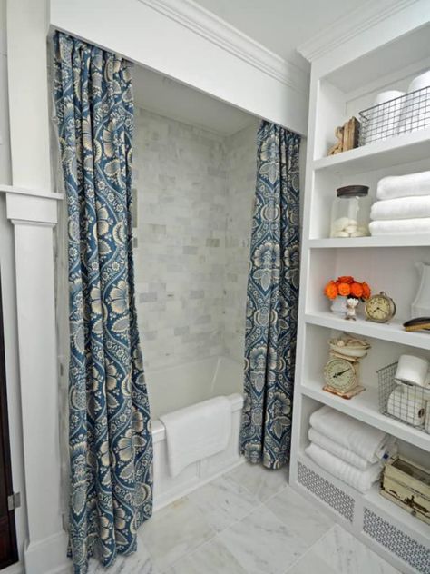 Bath Panel Storage, Wooden Cornice, Shower Curtain With Valance, Diy Shower Curtain, Shower Style, Small Room Decor, Shower Tile Designs, Vintage Bathrooms, How To Make Curtains