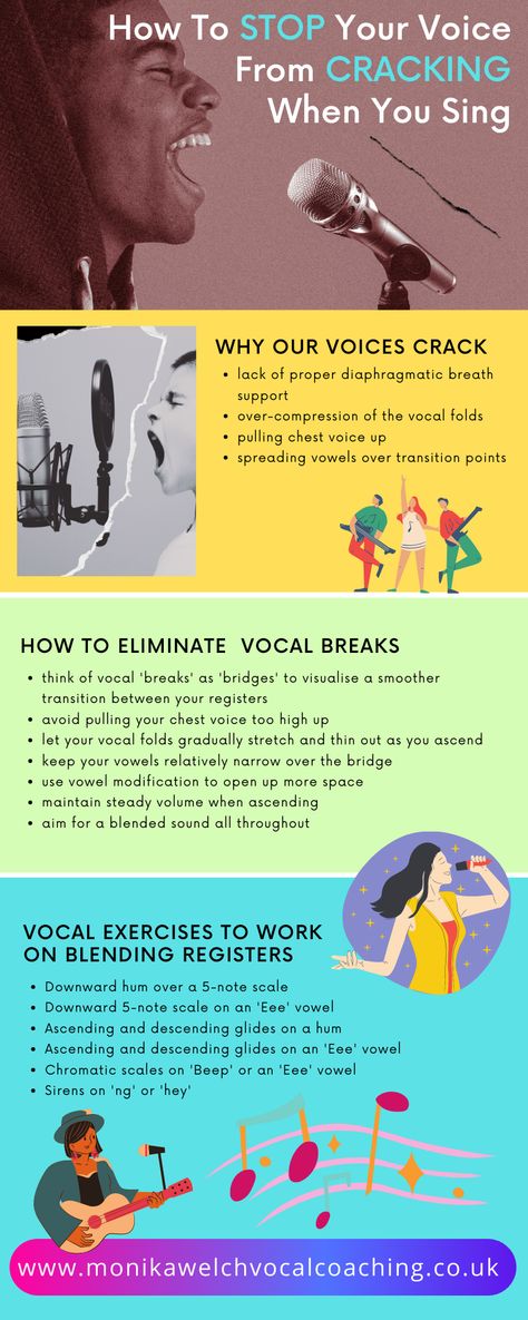 How to stop your voice from cracking when you sing - infographic Learn To Sing Beginner, Vocal Lessons Beginner, Vocal Care For Singers, Singing Lessons Beginner, How To Make Your Voice Deeper, Singing Tips Beginner, How To Practice Singing, Vocal Warm Ups, Vocal Exercises Singing