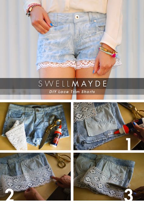 Lace Trim Shorts Diy Lace Shorts, Diy Denim Shorts, Dip Dye Shorts, Diy Lace Trim, Jean Diy, Lace Denim Shorts, Diy Fashion Projects, Shorts With Lace, Shorts Diy