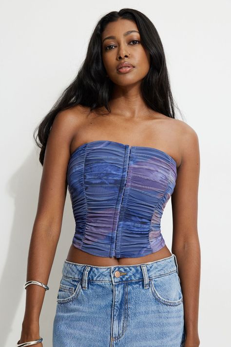 This is a mesh bustier top - Designed to be fitted with ruching throughout. Features - Strapless - Hook-eye closure and ruched detail at front - Lined Size & Fit - Fitted - Stretch fabric Materials & Care - 90% Nylon, 10% Spandex - Hand wash cold - Imported Top Bustier, Bustier Top, Hook Eye, New Tops, Trouser Pants, Summer Sale, Summer Girls, Beautiful Images, Fabric Material