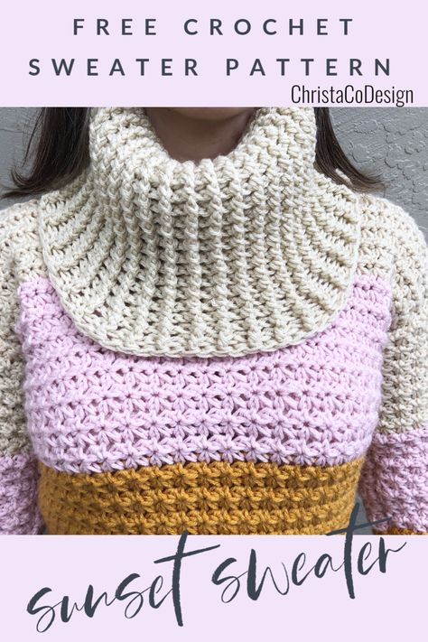 Crochet Afghans Free Patterns, Cowl Neck Sweater Pattern, Sunset Sweater, Crocheted Sweaters, Free Crochet Sweater, Wearable Crochet, Crochet Apparel, Crochet Sweater Free, Crochet Sweater Pattern