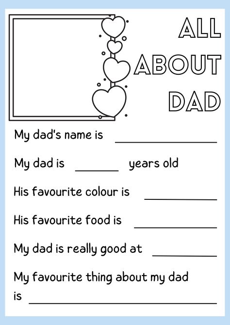 fathers day, father, father's day, kids activities, kids, fathers day card Father’s Day Work Sheet, Father’s Day Preschool Activities, Fathers Day Activities For Preschool, All About Dad Printable, Kids Fathers Day Crafts, Diy Father's Day Crafts, Fathers Day Coloring Page, Father's Day Activities, Preschool Planning