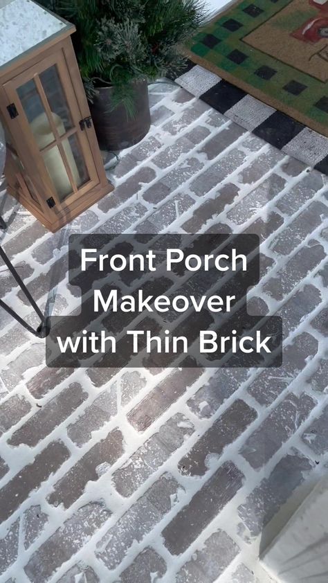 Remodel Concrete Patio, Diy House Projects Outdoor, Rocks As Edging, Diy Exterior Decor, Front Patio Floor Ideas, Ideas For Concrete Porches, Concrete Pad Front Porch, Front Porch Pavers Diy Patio, Faux Brick Steps Front Porches