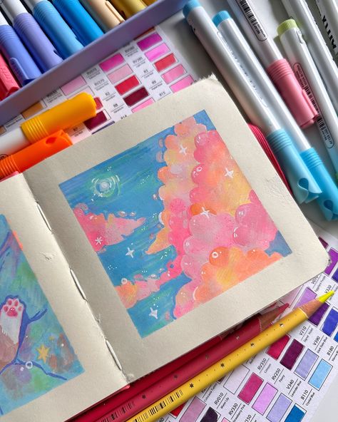 04. Sky For this prompt I wanted to play around with acrylic markers and try out some bright colours that are a bit untypical for clouds. And I wanted to have a similar colour scheme as the kitten on the left✨ Hope you like it 💖 #peachtober24 #peachtober24sky 💖Saves & Shares are always appreciated💖 #acrylicmarkers #landscape #skypainters #skycolors #latinaartist #sketchbook #pastelart #sketchbookdrawing #cuteart Marker Landscape, Draw Clouds, Acrylic Markers, Pastel Art, Sketchbook Drawing, Bright Colours, Colour Scheme, Art Sketchbook, Bright Colors