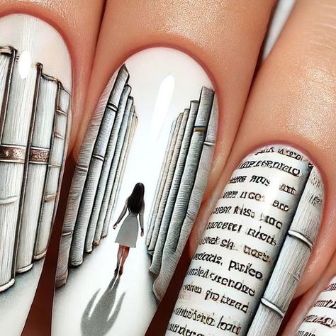 Tamara Margaryan on Instagram: "Refined Literary Nail Design ✨  Discover elegance with these almond-shaped nails featuring an intricate design inspired by a girl walking between giant book pages. 📖💅 Perfectly balanced with equal diameter and length, these nails offer a refined and sophisticated look. The smooth, white gradient background with detailed text creates an illusion of depth and narrow passages. Each nail is polished to perfection, adding a three-dimensional effect. Elevate your nail game with this unique literary-themed art! ✨📚🌸   #elegantnails💅🏾 #literarydesigns #booklovershelp #ɴᴀɪʟᴅᴇsɪɢɴs" Nail Designs Book, Book Nail Designs, Book Theme Nails, Book Themed Nails, Book Inspired Nails, Illusion Nail Art, White Gradient Background, Book Nail Art, Book Nails