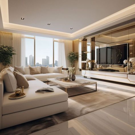 This living room’s interior design features a modern, minimalist aesthetic with a spacious cream-colored sofa. Large Living Room Layout, Modern Tv Room, Cream Living Rooms, Luxury Living Room Decor, Classy Living Room, Latest Living Room Designs, Room Decor Living Room, Best Living Room, Living Room Design Decor