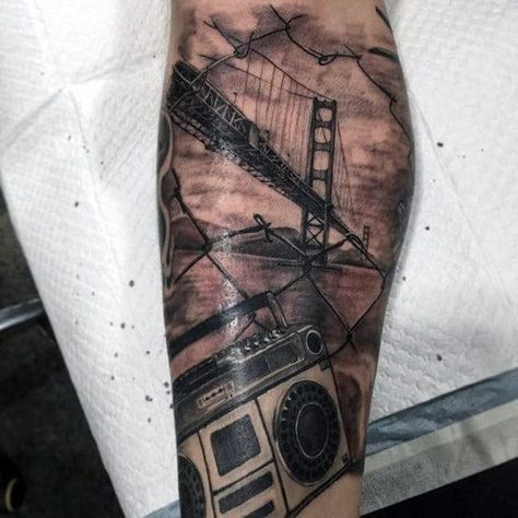 60 Golden Gate Bridge Tattoos For Men - San Francisco Ink Ideas Golden Gate Tattoo, Fence Tattoo Design, Mens Forearm Sleeve, San Francisco Tattoo Ideas, Golden Gate Bridge Tattoo, Forearm Sleeve Tattoo, Mac Miller Tattoos, San Francisco Tattoo, Bridge Tattoo