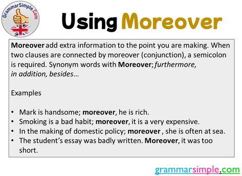 Using Moreover, Definition and Example Sentences - Grammar Simple Linking Words, Bad Habit, Writing Words, Bad Habits, English Grammar, Too Short, A Bad, Grammar, Writing