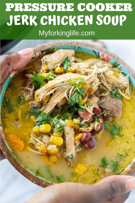 This Jamaican Jerk Chicken Soup made in your Instant Pot is a delicious spin on traditional chicken soup. Made with authentic jerk seasonings. #instantpot #soup #caribbeanrecipe #jerkchicken #pressurecookerrecipes" Jerk Chicken Soup, Pollo Tropical, Soup Video, Jamaican Jerk Chicken, Jamaican Dishes, Jamaican Jerk, Instant Pot Soup, Jerk Chicken, Jamaican Recipes