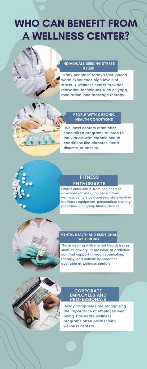 A wellness center can benefit a wide range of individuals, as it offers various services and programs aimed at promoting physical, mental, and emotional well-being. Here are five groups of people who can benefit from a wellness center: Groups Of People, Aesthetic Center, Health And Wellness Center, Mental Health Center, Wellness Centre, Wellness Studio, Health Spa, Group Fitness Classes, Relaxation Techniques