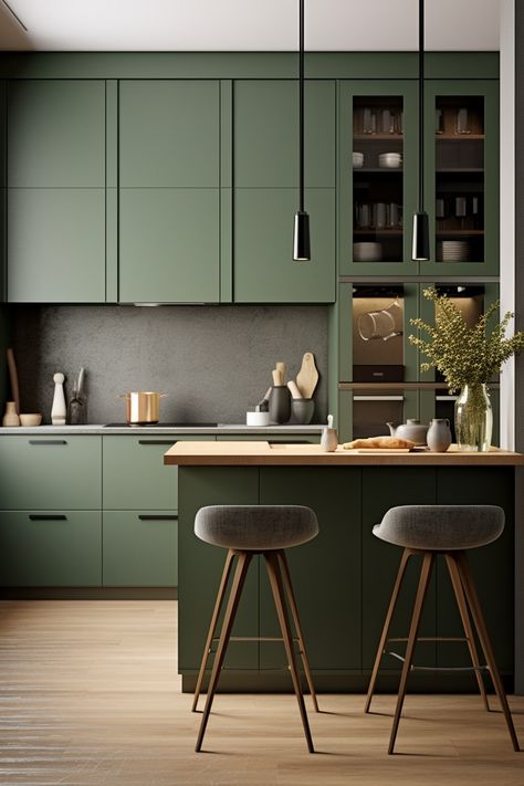 23 Green Kitchen Cabinet Ideas That're a Home Cook's Dream Olive Green Kitchen, Green Kitchen Designs, Classy Kitchen, Green Kitchen Cabinets, Green Cabinets, Cabinet Ideas, Kitchen Color, Modern Cabinets, Deep Forest