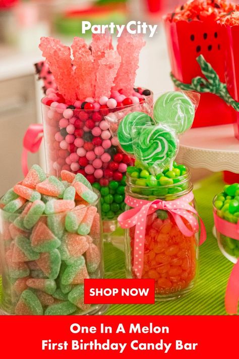 Have guests indulge in a sweet self-serve candy bar in watermelon colors for easy snacking. Shop Party City for One In A Melon birthday party candy, containers, and party favors. Red Candy Buffet, Watermelon Birthday Party Theme, One In A Melon Birthday, Birthday Candy Bar, Watermelon Birthday Parties, Candy Bar Birthday, Candy Birthday Party, Watermelon Birthday, Candy Sticks