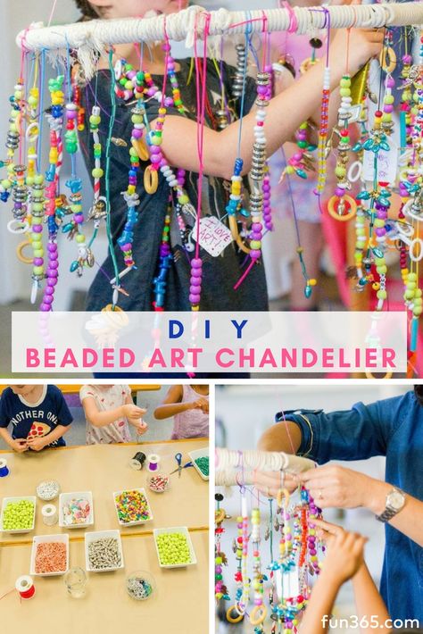 Make a colorful beaded chandelier that's fun for kids of all ages. Meri Cherry provides the full tutorial to make it. Beading Activities For Kindergarten, Meri Cherry, Art Education Projects, Group Art Projects, Farm School, Fall Preschool, Collaborative Art, Kindergarten Art, Camping Art