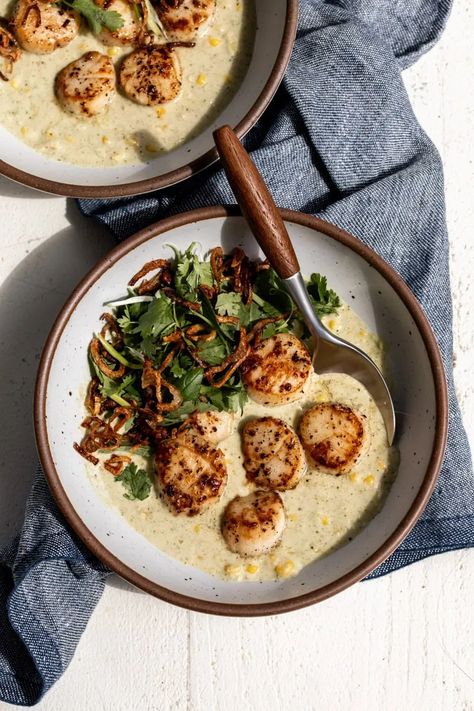 Green Curry Scallops with Corn - Cooking with Cocktail Rings Scallop Curry, Curry Scallops, Scallops With Corn, Green Curry Sauce, Crispy Shallots, Green Curry Paste, Herb Salad, How To Make Greens, Fried Shallots