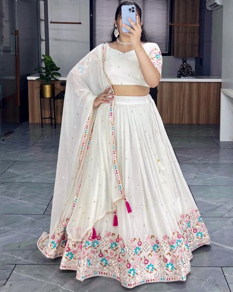 *_Classical Off White Embroidery Lehenga Collection_*👜 ✨ 🥰Elegance meets Class in this embroidery lehenga, Embrace timeless style with a touch of tradition, perfect for any special occasion. A perfect balance between tradition and modernit *Lehenga(Stitched)* Lehenga Fabric : Heavy Gorgette Lehenga Work : Embroidery Thread and sequence Work Waist : SUPPORTED UP TO 44 Lehenga Closer : Drawstring With Hand Made Tassels and Zip Stitching : Stitched With Canvas and attached with Can Can Length... White Georgette Lehenga, Butti Embroidery, Work On Sleeves, Zip Stitching, Lehenga Stitched, Embroidery Lehenga, Wedding Jewelery, Georgette Lehenga, Lehenga Fabric