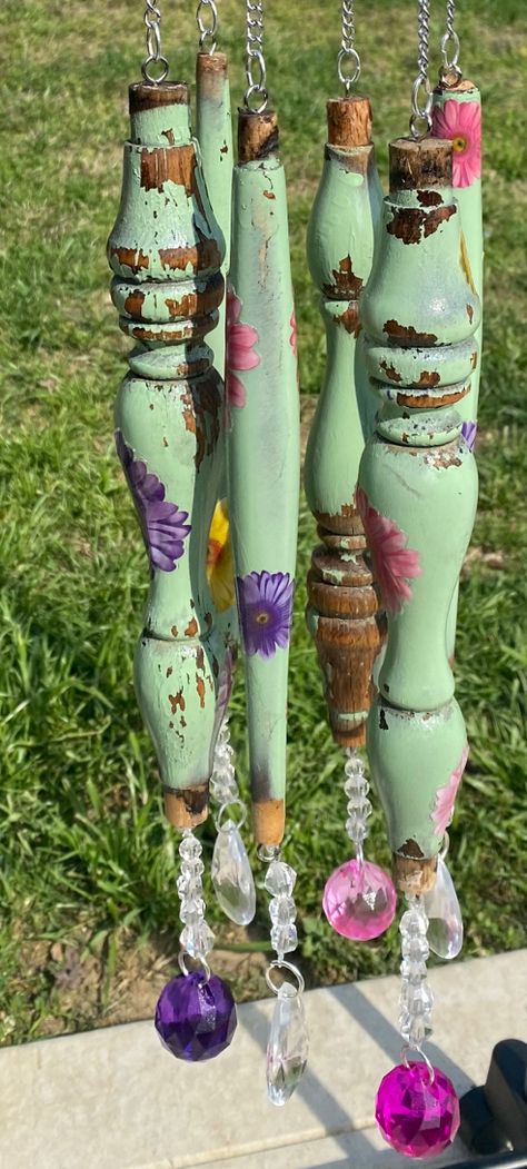 Hand Painted Wind Chimes, Spindle Wind Chimes, Yard Art From Junk Repurposing Diy Crafts, Upcycled Wind Chimes, Whimsical Garden Decor Diy, Wind Chimes Homemade Unique, Wood Spindle Crafts, Garden Art Diy Whimsical, Diy Wind Chimes Recycled