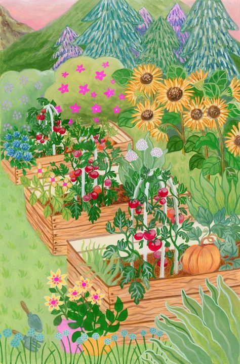 Community Garden Illustration, Vegetable Garden Painting, Garden Illustration Art, Garden Design Sketch, Cosy Illustration, Gardening Illustration, Garden Illustrations, Gardening Drawing, Illustration Children