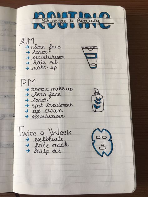 Bujo Skincare Routine, Beauty Journal Ideas, Skincare Journal Ideas, Journal Ideas Skincare, Routine Bullet Journal, Skincare Journal, Morning Evening Routine, Creating A Bullet Journal, Bullet Journal Banner