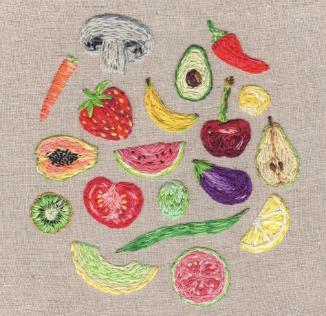 embroidered produce Fruit And Vegetable Embroidery, Patchwork Moodboard, Hand Embroidery Fruit, Fruits Embroidery, Fruit Clothes, Embroidery Fruit, Food Embroidery, Embroidered Fruit, Fruit Embroidery