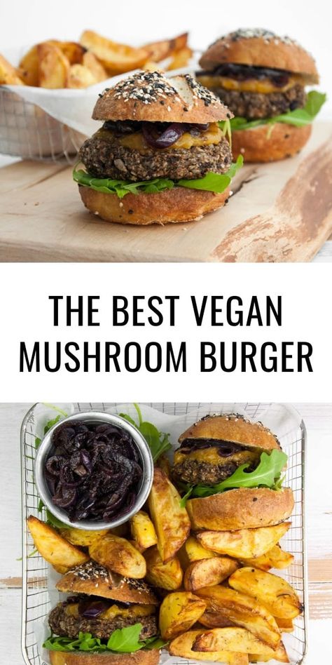 The best VEGAN MUSHROOM BURGER! Easy homemade mushroom patties (that don't fall apart) served with caramelized red onions, mango chutney and fresh arugula in pretzel buns. | ElephantasticVegan.com #vegan #mushroom #burger Mushroom Patties, Vegan Mushroom Burger, Mushroom Burger Recipe, Pretzel Buns, Mushroom Burgers, Vegan Burger Recipe, Veggie Burgers Recipe, Mushroom Burger, Goulash Recipes