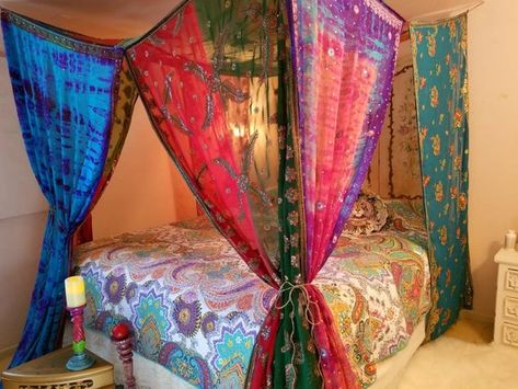 Canopy Queen Bed, Bed Canopy Curtains, Eclectic Decor Bohemian, Curtains Bohemian, Queen Purple, Moroccan Tent, Boho Tent, Canopy Bed Curtains, Canopy Curtains