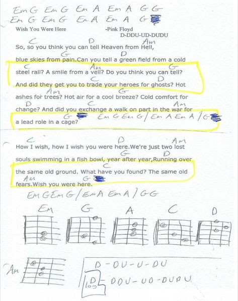 Wish You Were Here (Pink Floyd) Guitar Chord Chart - Fixed Pink Floyd Guitar, Guitar Tabs Songs, Great Song Lyrics, Guitar Chords And Lyrics, Guitar Chord Chart, Wish You Were Here, Wish You Are Here, Guitar Tabs, Guitar Songs