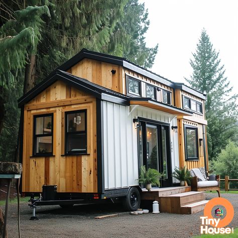 Check out this adorable tiny house on wheels! It's designed in a charming Farmhouse style, featuring a classic blend of white, black, and natural wood tones. Which architectural elements catch your eye? Would you incorporate any of them into your own home? #tinyhouse #farmhousestyle #architecture #homedesign Tiny Home On Wheels Exterior, Tiny House Wheels, Exterior Aesthetic, Small Tiny House, Mobile Living, Charming Farmhouse, Tiny Cottage, Wood Tones, Small Homes