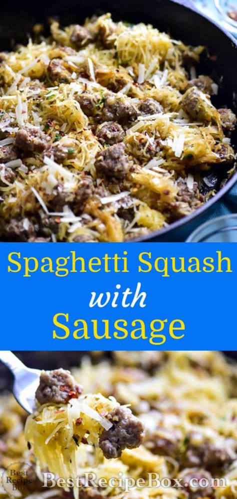 Spaghetti Squash Recipe with Sausage | Healthy Spaghetti Squash Recipe @bestrecipebox Spaghetti Squash Parmesan, Spaghetti Squash With Sausage, Sausage Spaghetti Squash, Squash Recipes Healthy, Squash With Sausage, Healthy Sausage Recipes, Spaghetti Squash Recipes Vegan, Sausage And Spaghetti Squash, Recipe With Sausage