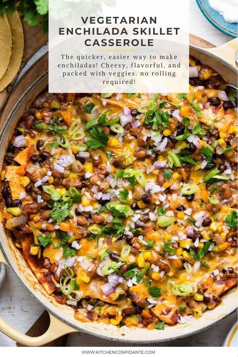 Enchiladas Skillet, Veggie Enchilada Casserole, Vegetarian Enchilada, Vegetarian Enchilada Casserole, Vegetarian Casserole Recipes, Skillet Casserole, Summer Vegetable Recipes, Enchilada Skillet, Veggie Enchiladas