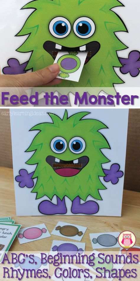 Practice many concepts with this fun Feed the Monster Activity.  Easily differentiated!  Practice the alphabet, letter recognition, beginning sounds, rhyming words, shapes, colors, and even counting.  Perfect for monster theme, Halloween theme, and October theme units and learning centers for preschool, pre-k, and kindergarten. Monster Activities For Preschool, Centers For Preschool, Feed The Monster, Halloween Activities Preschool, Monster Activities, Halloween Kindergarten, Monster Theme, Math Center Activities, Halloween Math