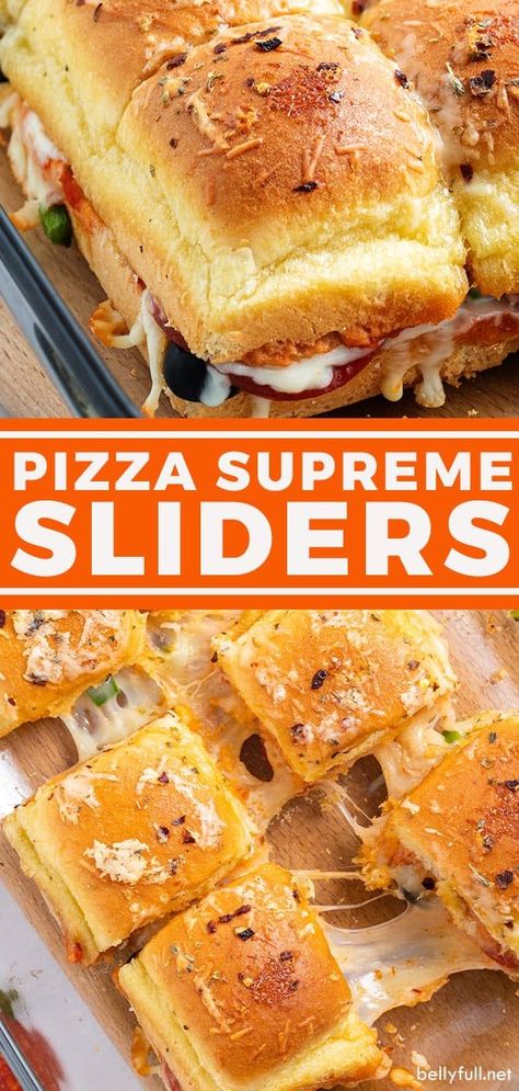 All the classic pizza goodies put into sliders, with a killer sauce that coats the buns as they bake. These Pizza Supreme Sliders so good! Yummy Sliders, Recipes Sliders, Pizza Supreme, Sliders Recipes Hawaiian Rolls, Pizza Sliders, Slider Recipe, Easy Slider Recipes, Sliders Sandwiches, Pizza Buns