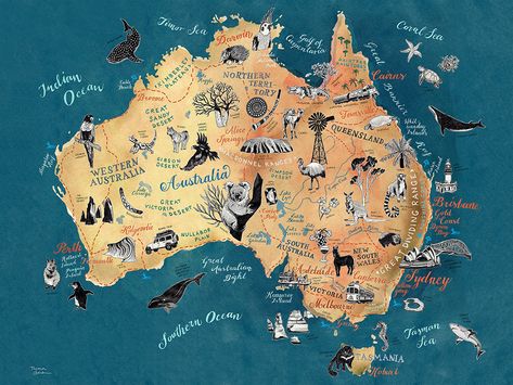 Australia Map, map illustration by Theresa Grieben / illustrierte Landkarte Zeichnung Australien Roadtrip Australia Map Illustration, Cartography Illustration, Banknotes Design, Australian Maps, Australia Art, Posters Australia, Illustrated Maps, Road Trip Map, Hand Drawn Map