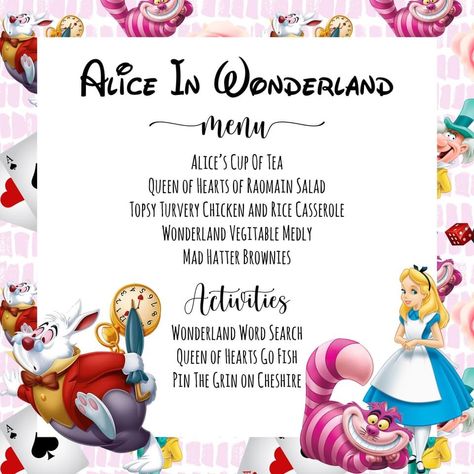 Alice In Wonderland Dinner And A Movie, Alice In Wonderland Movie Night, Disney Theme Dinner Movie Nights, Disney Movie Themed Dinner, Disney Nights, Movie Meals, Family Movie Night Themes, Disney Movie Night Menu, Theme Dinners