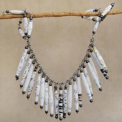 UNICEF Market | White Recycled Paper and Hematite Waterfall Necklace - Clear Memories Recycled Magazine, Waterfall Necklace, Paper Beads Necklace, Paper Bead Jewelry, Pipettes, Hematite Necklace, Paper Earrings, Paper Jewelry, Large Jewelry