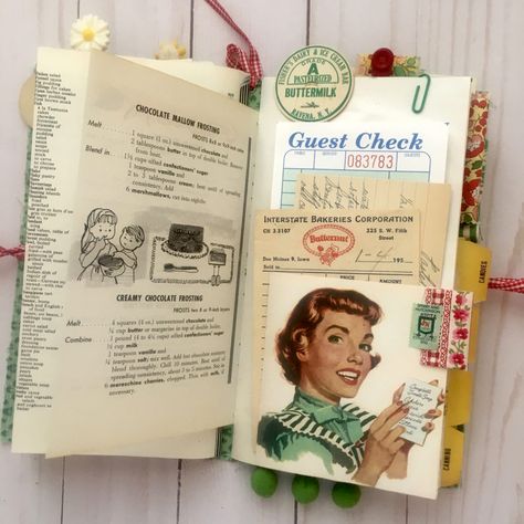 Retro Journal Ideas, Altered Cookbooks, Recipe Journaling, Recipe Collage, Homemade Journals, Kitchen Journal, Purple Journal, Retro Journal, Lace Journal