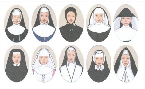 The Nun's habit (varying from year and country) Nun Outfit Drawing Reference, Traditional Nun Outfit, Nun Clothes Drawing, Nun Astethic, Medieval Nun Clothing, Nun Headdress, Nun Drawing Reference, Nun Outfit Drawing, Nun Core