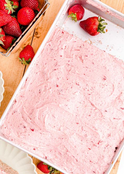 Strawberry Sheet Cake is made from scratch by pairing fresh, juicy strawberries with pantry staple ingredients, ready in under an hour! The perfect summertime dessert to share with friends and family! Strawberry Sheet Cake, Strawberry Gelatin, Strawberry Sheet Cakes, Dessert From Scratch, Swirl Cake, Texas Sheet Cake, Strawberry Frosting, Strawberry Cake Recipes, Sheet Cake Recipes