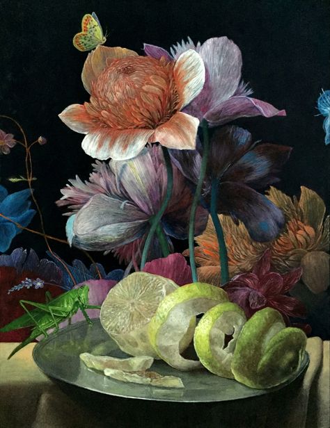 Mark Liam Smith | OIL | Lemon and Grasshopper Semper Augustus, Still Life Flowers, Lemon Oil, English Artists, Canadian Art, Acrylic Flowers, Floral Artwork, Contemporary Modern Art, Canadian Artists