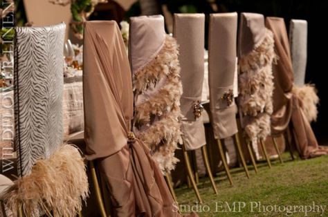 Folding Chair Decorations, Champagne Table, Wedding Decorating, Chic Chair, Wedding Chair Decorations, Brown Chair, Chair Decor, Chair Covers Wedding, Feather Skirt